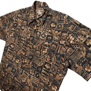 Cooke Street Hawaiin Shirt Mens Aloha Medium Brown Tribal Print Made Hawaii USA